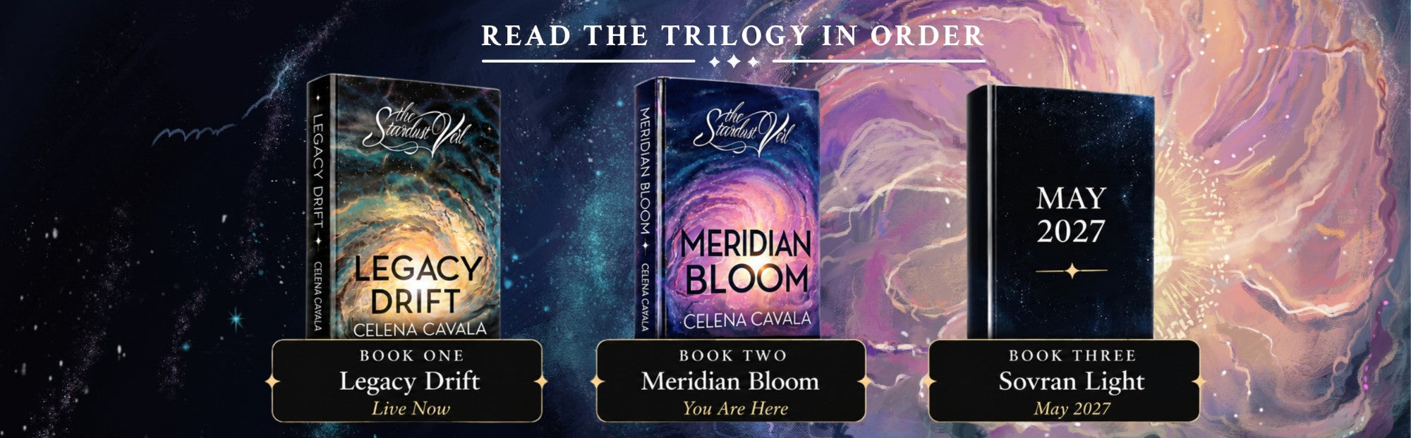 Read the trilogy in order. Book One, Legacy Drift, live now. Book Two, Meridian Bloom, you are here. Book Three, Sovran Light, May 2027.